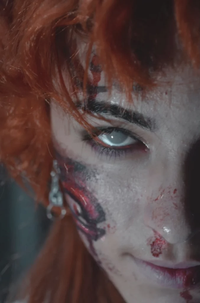Gros plan sur la moitié du visage d'une modèle aux cheveux oranges et au visage recouvert de faux sang